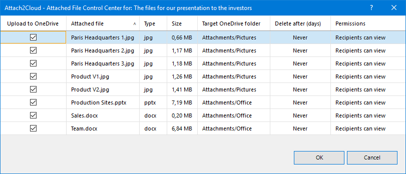 The Attach2Cloud Attached File Control Center gives you the full control on the upload of your MS Outlook attached files to OneDrive