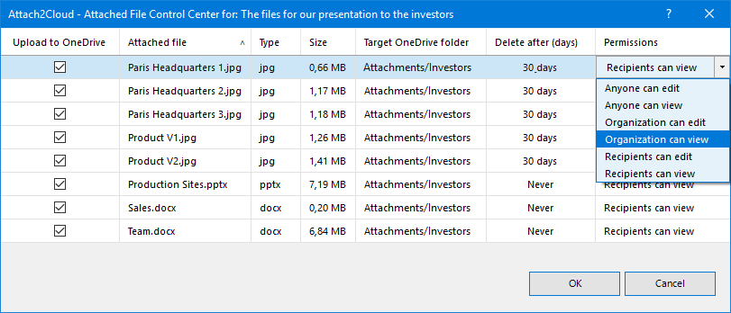 Attach2Cloud can delete the MS Outlook attached files you upload to OneDrive after a given number of days