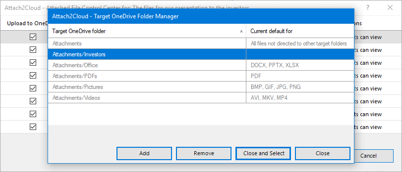 The Attach2Cloud Target OneDrive Folder Manager enables to manage your preferred OneDrive target folders (MS Outlook attached file upload destinations)