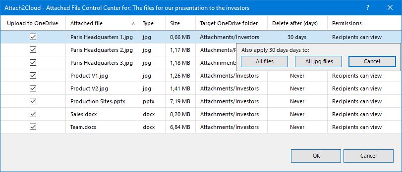Attach2Cloud can delete the MS Outlook attached files you upload to OneDrive after a given number of days
