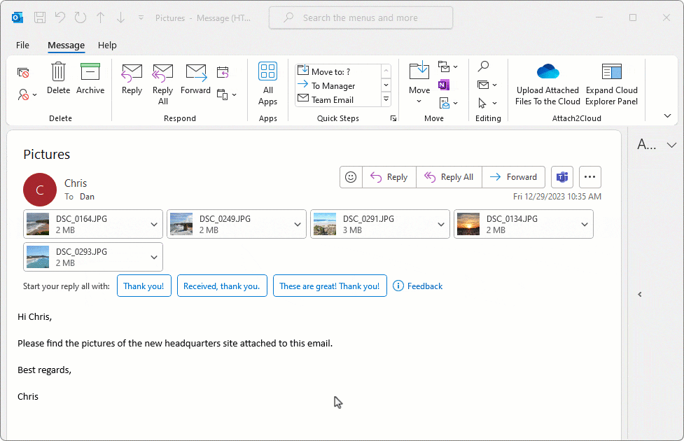 Save Microsoft Outlook attached files in the Cloud and replace them by Modern Attachments using Attach2Cloud.