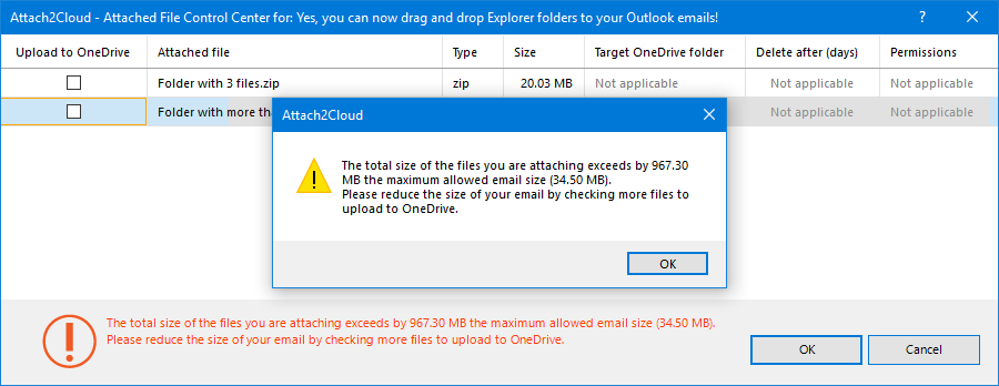 A warning explains why you have to upload your large files to OneDrive.