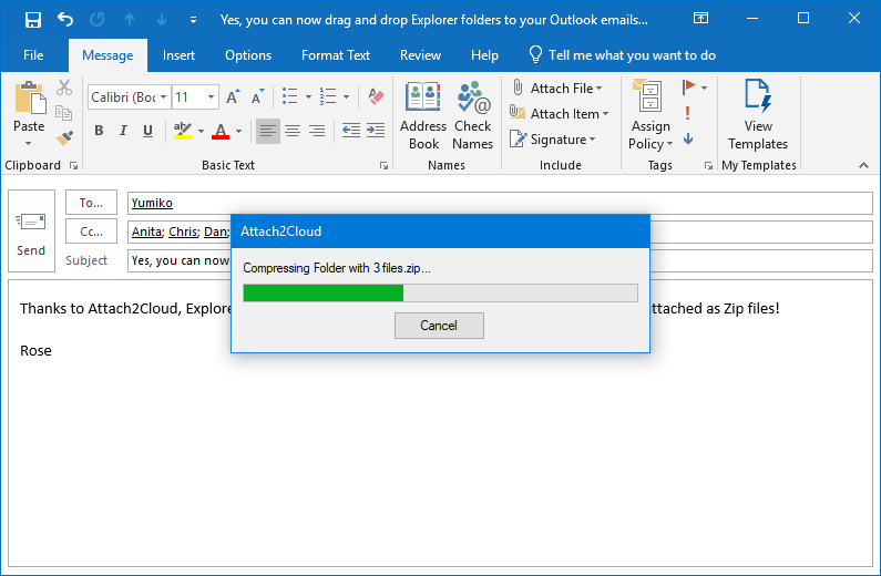 The dropped folder is automatically compressed into a Zip file...