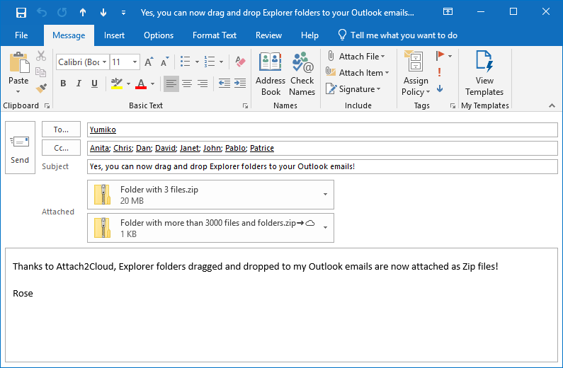 The compressed Zip folder is then attached to our Outlook email.