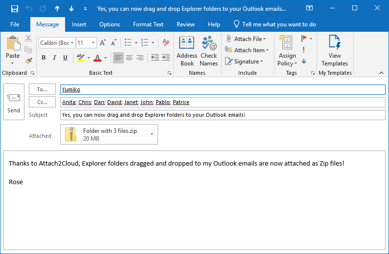 And the resulting Zip file is then attached to our Outlook email.