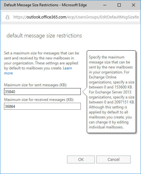 Default Message Size Restriction in Exchange Server admin