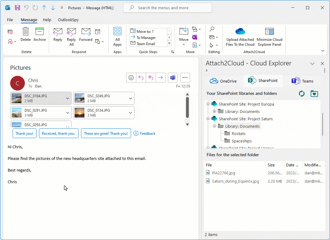 Drag and drop MS Outlook attached files to OneDrive, SharePoint Online or Teams using the Attach2Cloud Cloud Explorer.