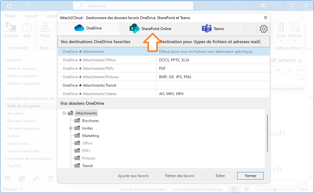 Attach2Cloud activer la prise en charge de SharePoint Online et Teams - fenêtre Plateformes cloud supportées