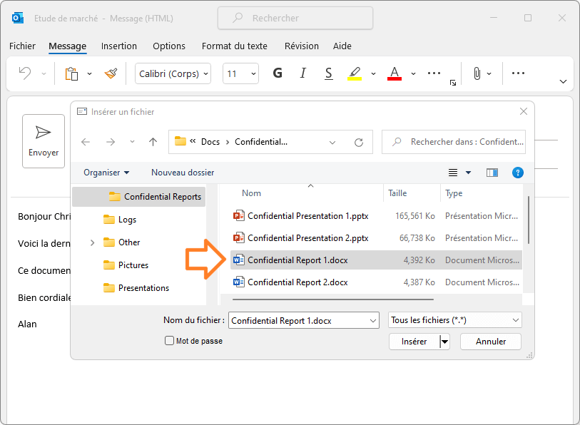 Sélectionnez le ou les fichiers à joindre à votre courriel MS Outlook: