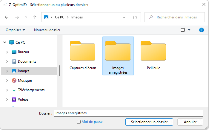 Pour sécuriser les dossiers à joindre au courriel MS Outlook, cochez la case Mot de passe dans le dialogue de sélection des dossiers