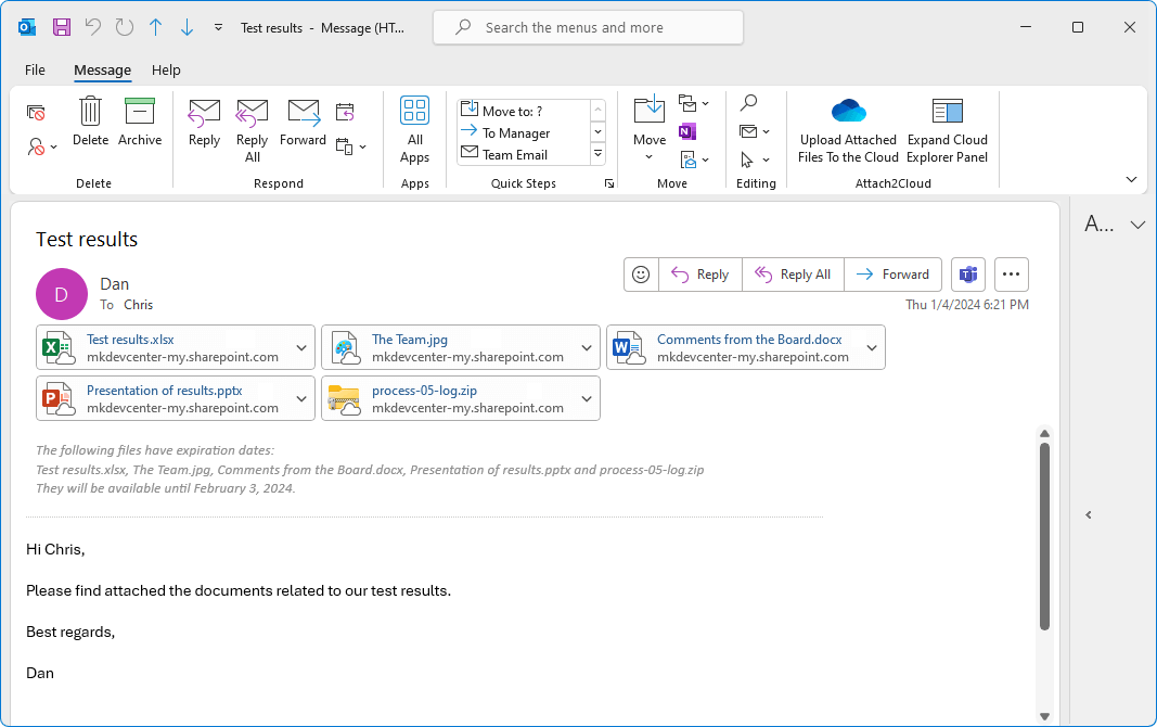 Attached files optimized and compressed (and uploaded to the Cloud) by Attach2Cloud in the sent email.