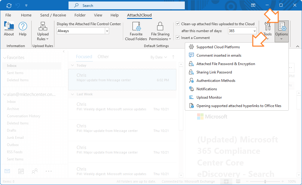 Attach2Cloud for MS Outlook - How to activate the support of SharePoint Online and Teams - menu