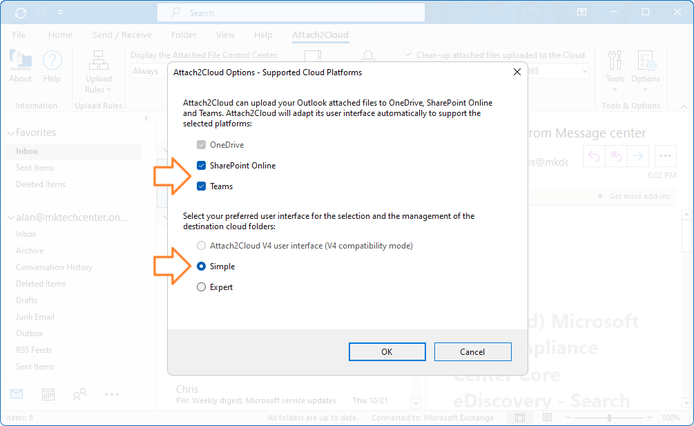 Attach2Cloud for MS Outlook - How to activate the support of SharePoint Online and Teams - Options panel