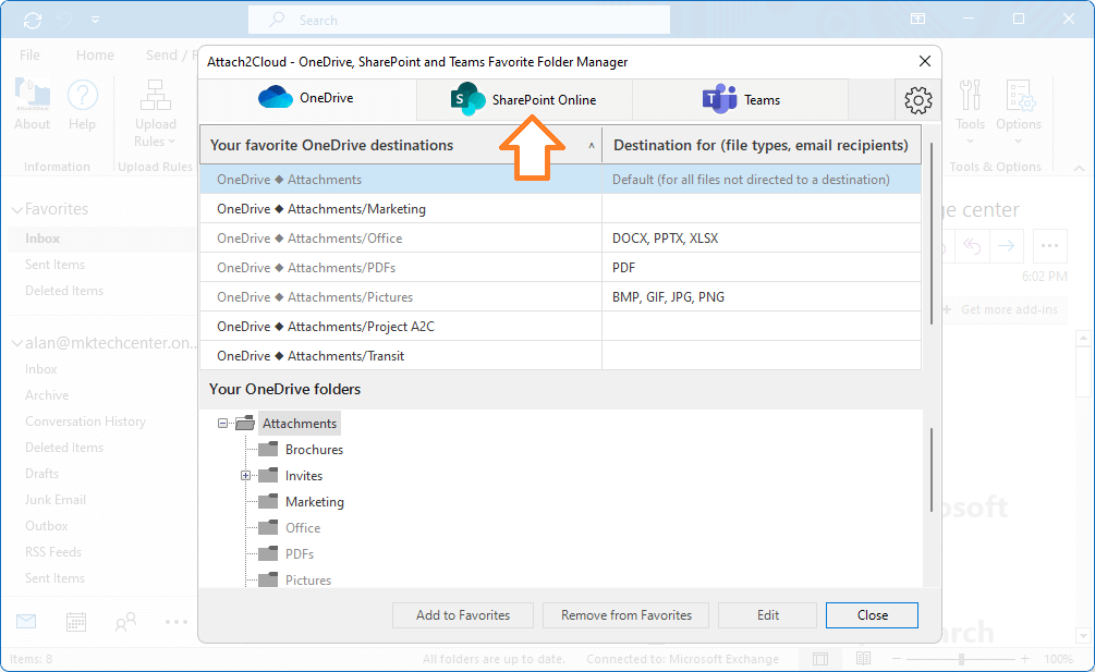 Attach2Cloud - How to initialize the SharePoint Online and Teams catalog - 2 - Select the SharePoint Online tab or the Teams tab