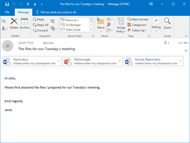 The received MS Outlook email with attached OneDrive shortcuts created by Attach2Cloud