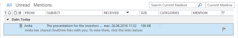 The received Outlook email with the large attached files replaced by OneDrive shortcuts by Attach2Cloud is arrived in the Anita's inbox