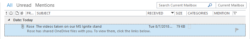 The received Outlook email with the large video and audio attached files replaced by OneDrive shortcuts by Attach2Cloud is arrived in the Yumiko's inbox