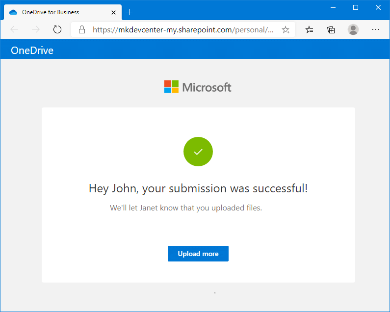 The upload of the files selected by John to the Janet OneDrive invitation folder is completed