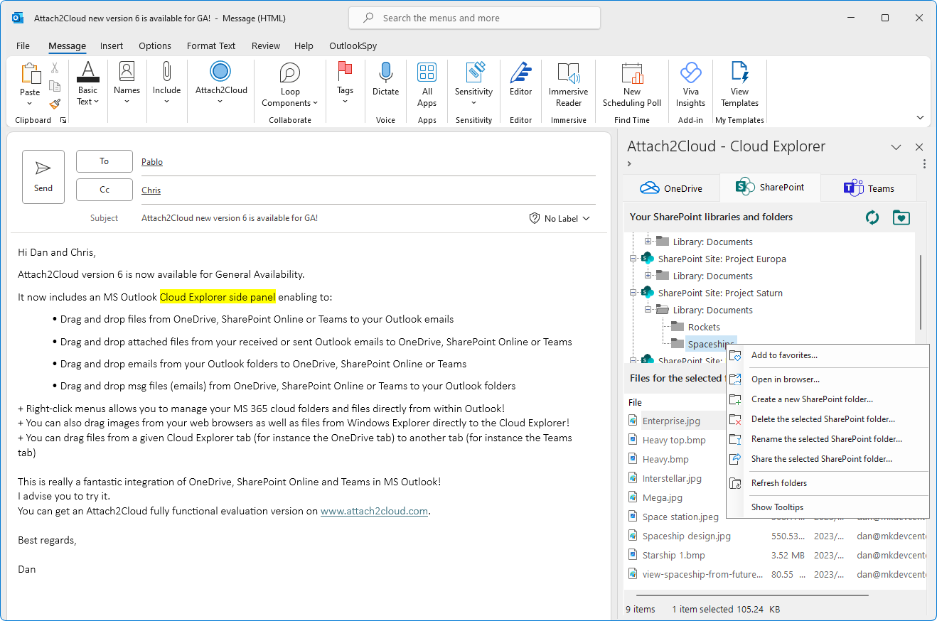 Cloud Explorer for MS Outlook - Right-click menus (on folders)